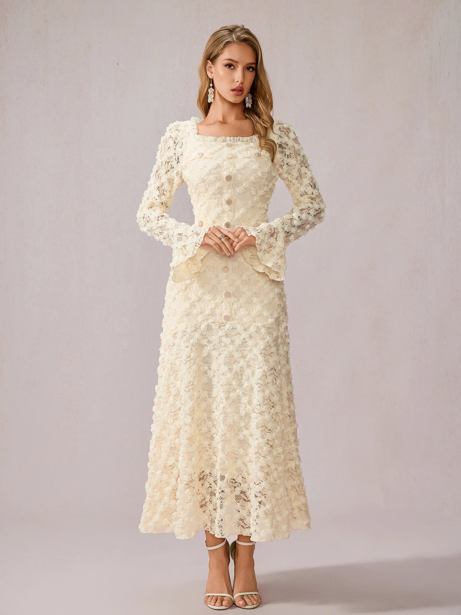 White Patchwork Square Neck Midi Dress|NOOSGOP