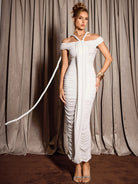 White Ruched Strap Design  Midi Dress|NOOSGOP