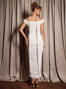 White Ruched Strap Design  Midi Dress|NOOSGOP