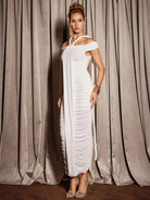 White Ruched Strap Design  Midi Dress|NOOSGOP