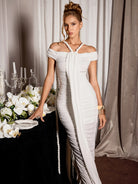 White Ruched Strap Design  Midi Dress|NOOSGOP