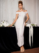 White Ruched Strap Design  Midi Dress|NOOSGOP