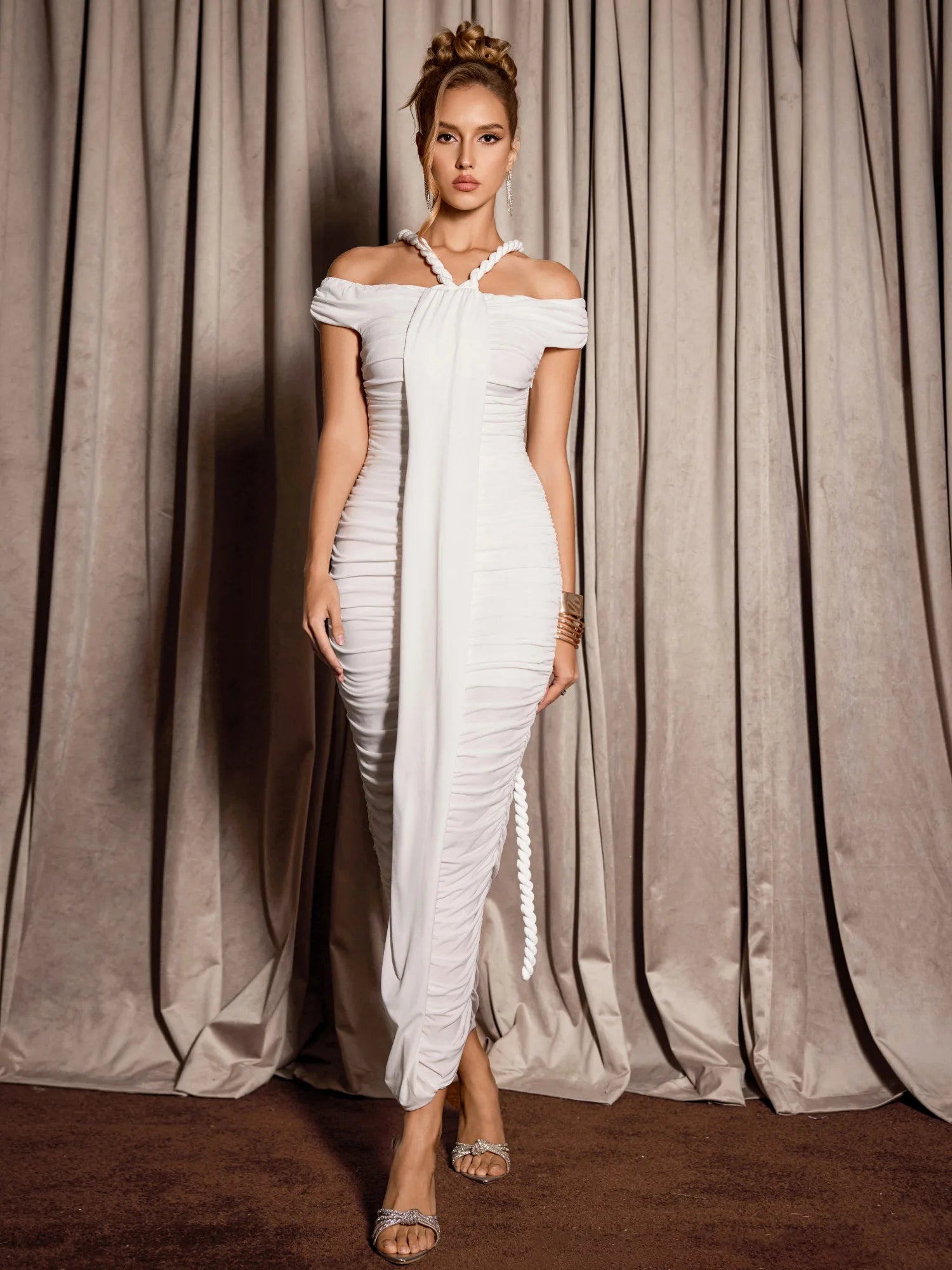 White Ruched Strap Design  Midi Dress|NOOSGOP