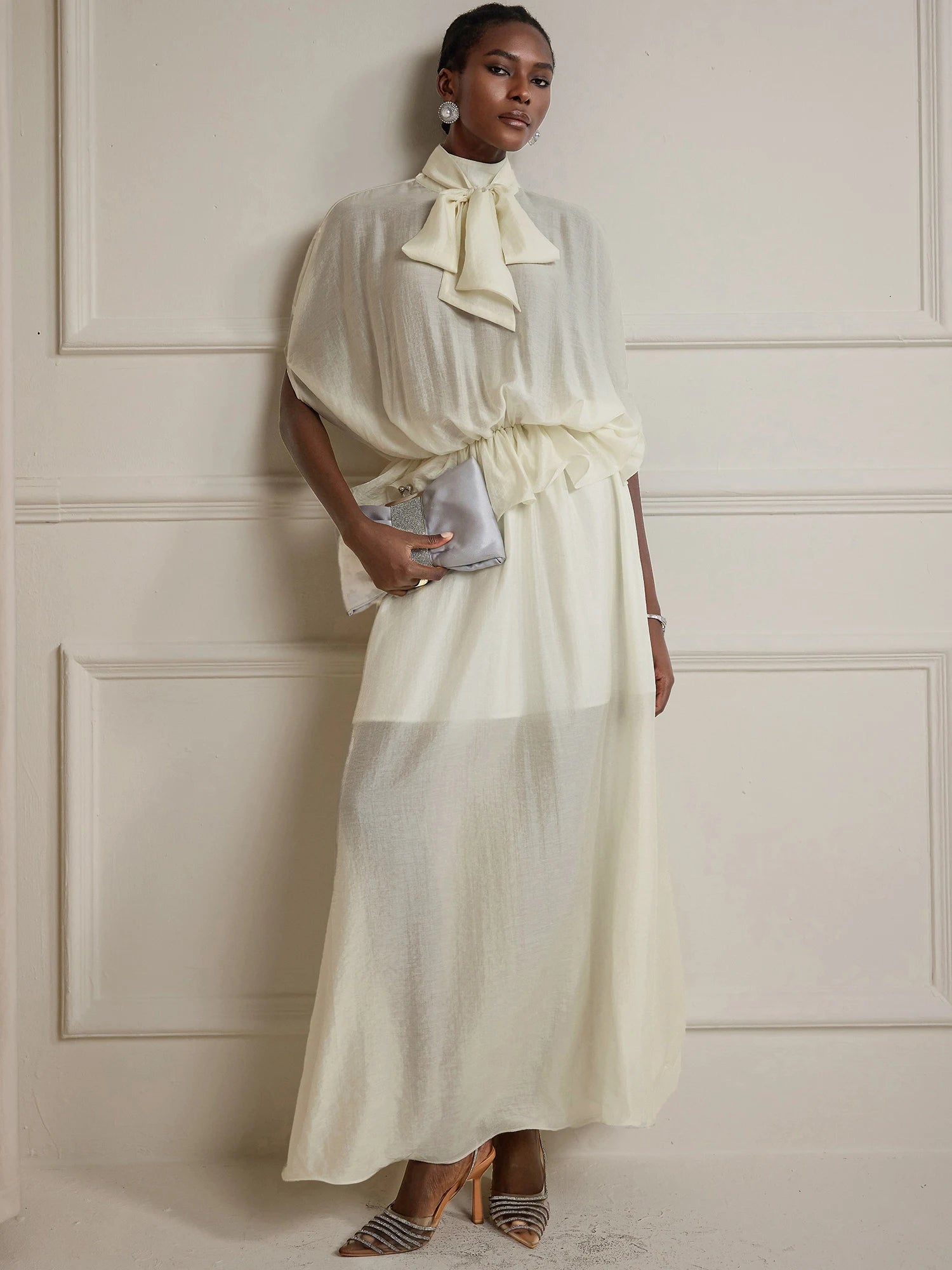 White Ruched Tie-Front Maxi Dress Oyster Gray / L