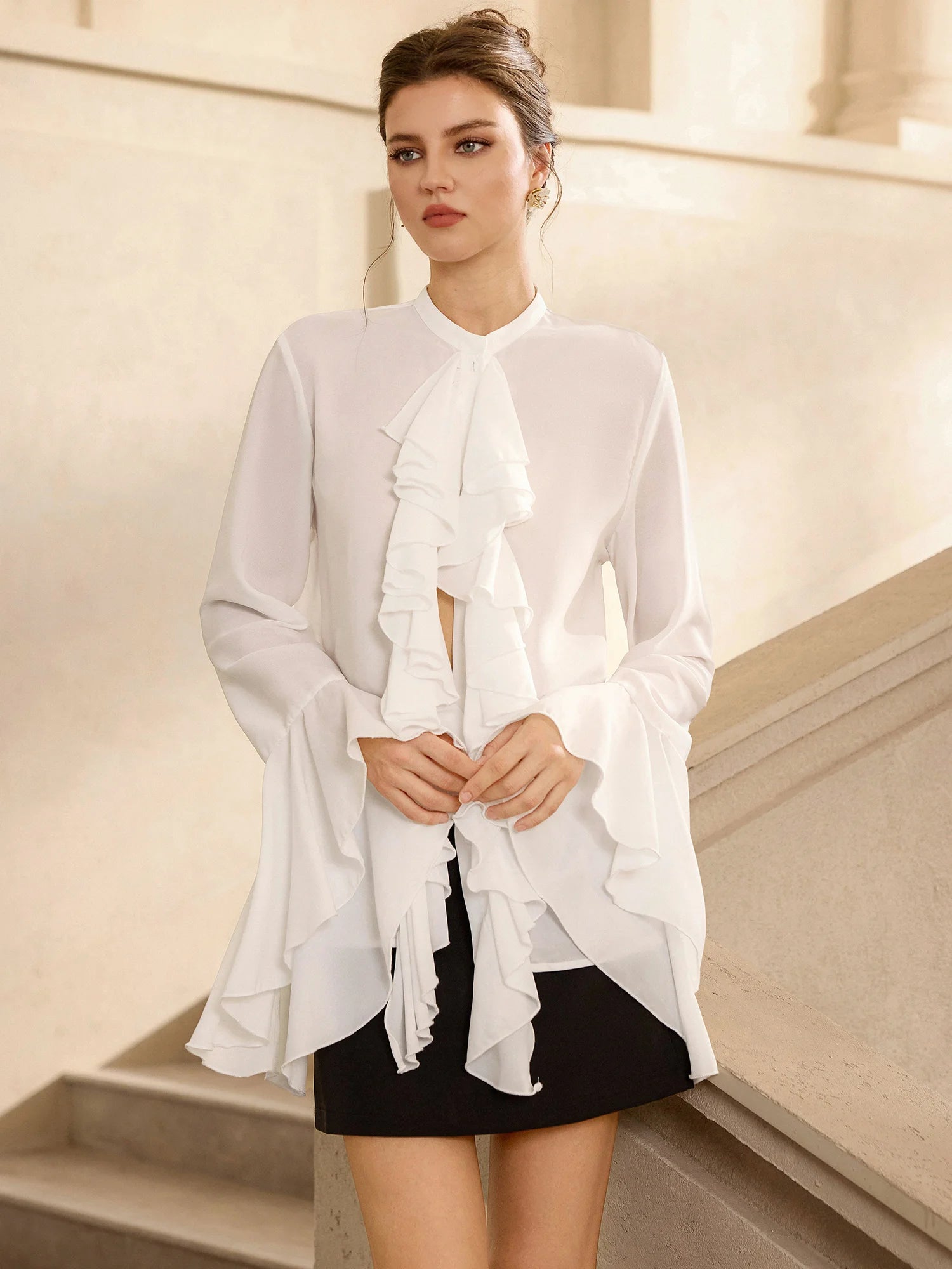 White Ruffle Front Blouse | Flared Sleeve Wedding Top--NOOSGOP