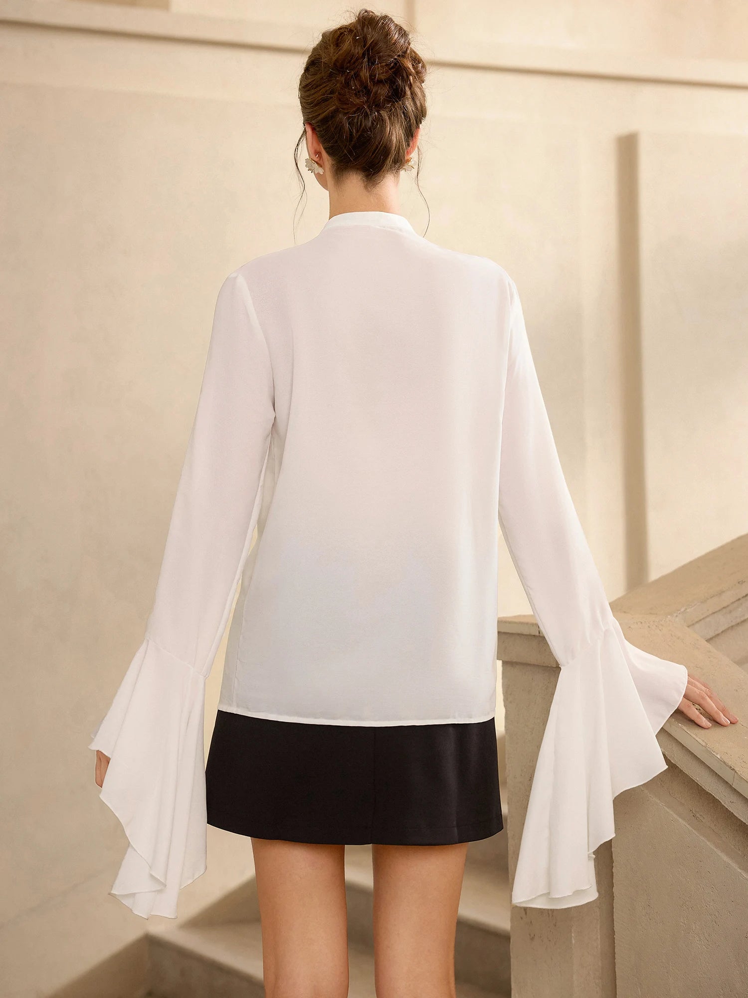 White Ruffle Front Flared Sleeve Blouse Tops|NOOSGOP