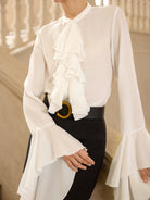 White Ruffle Front Flared Sleeve Blouse Tops|NOOSGOP