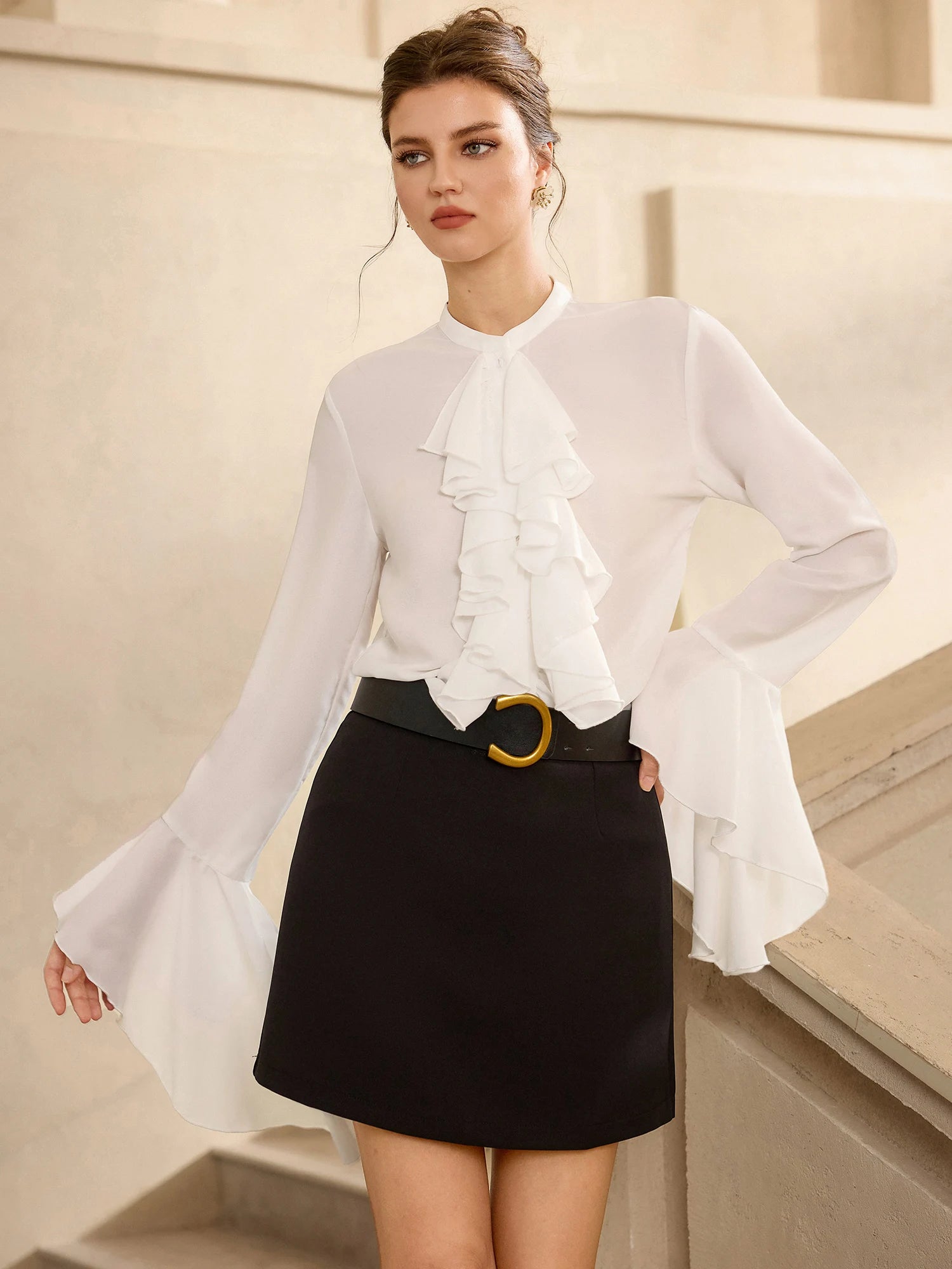 White Ruffle Front Flared Sleeve Blouse Tops|NOOSGOP