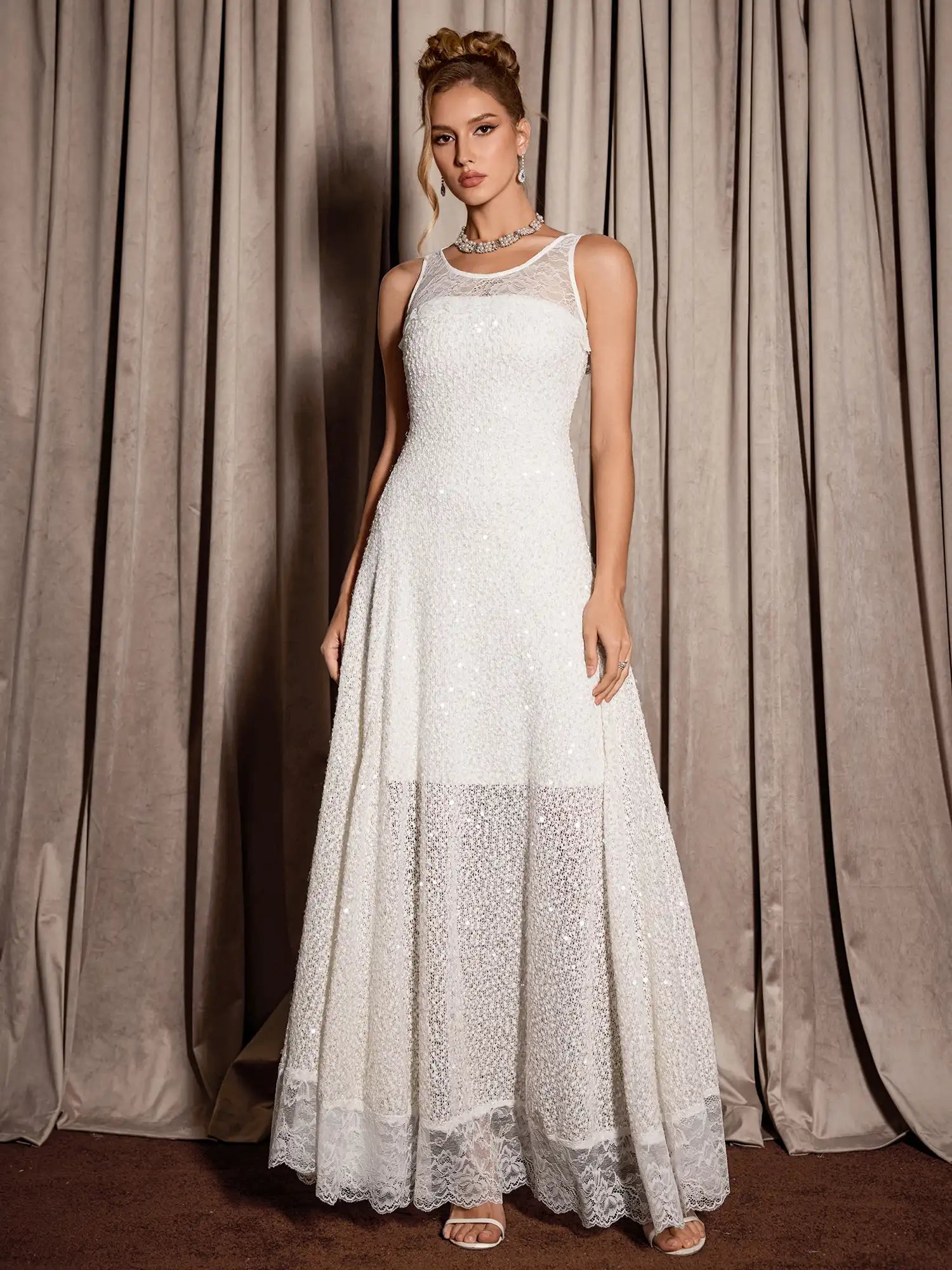 White Sequin Mesh Midi Dress | Elegant and Formal