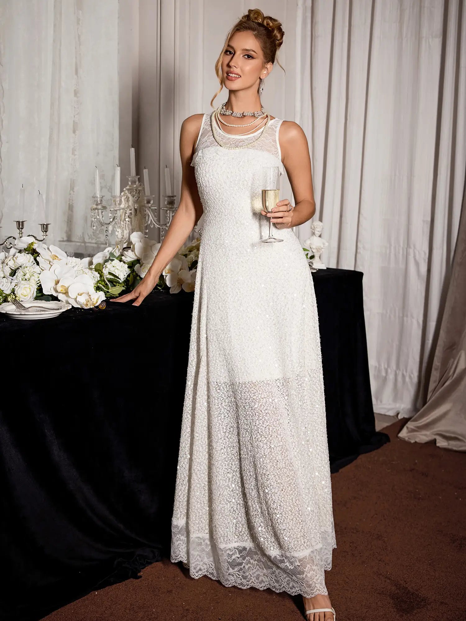 White Sequin Mesh Midi Dress|NOOSGOP