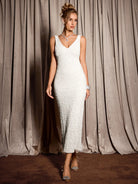 White Sleeveless Sparkly Evening Midi Dress|NOOSGOP