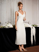 White Sleeveless Sparkly Evening Midi Dress|NOOSGOP