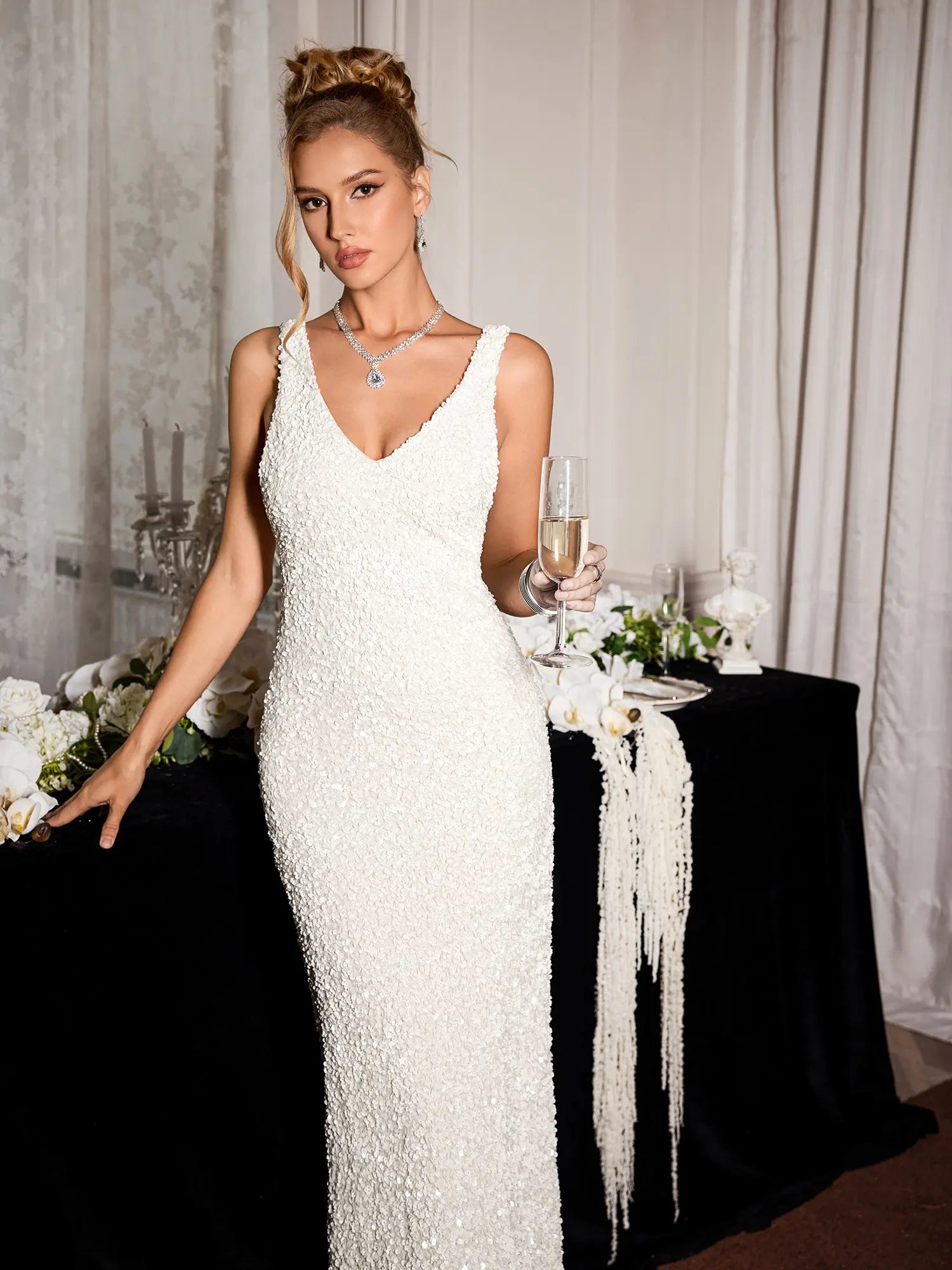 White Sleeveless Sparkly Evening Midi Dress|NOOSGOP