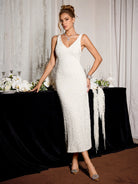 White Sleeveless Sparkly Evening Midi Dress|NOOSGOP