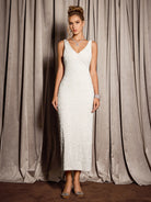 White Sleeveless Sparkly Evening Midi Dress|NOOSGOP