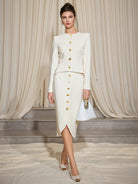 White Slim Fit Gold Button Two-Piece Set|NOOSGOP