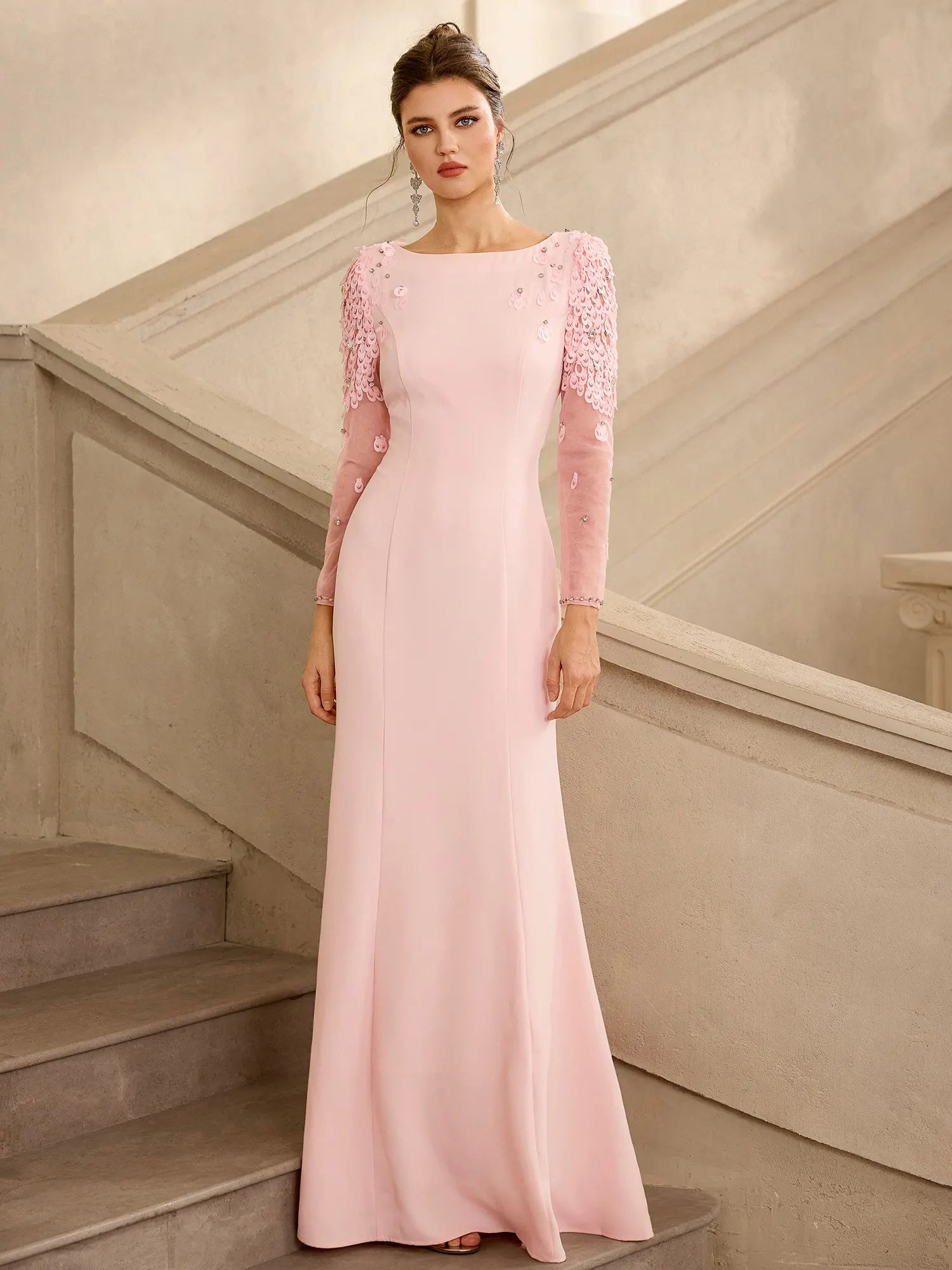 legant Pink Floral Detail Evening Maxi Dress|NOOSGOP