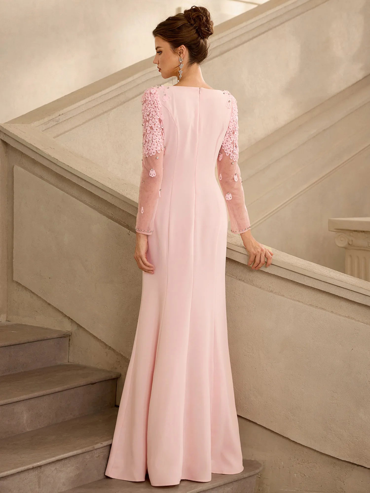 legant Pink Floral Detail Evening Maxi Dress|NOOSGOP