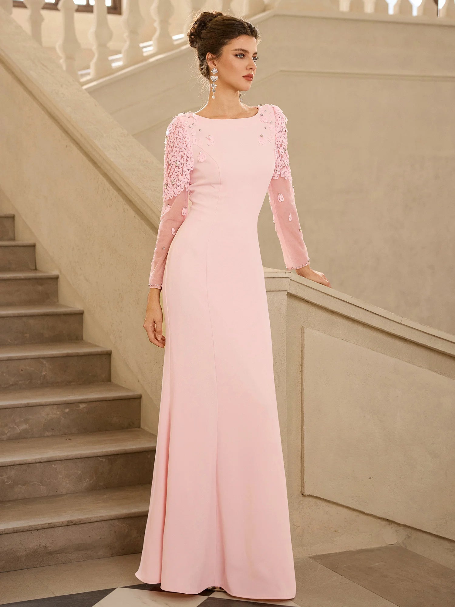 legant Pink Floral Detail Evening Maxi Dress|NOOSGOP